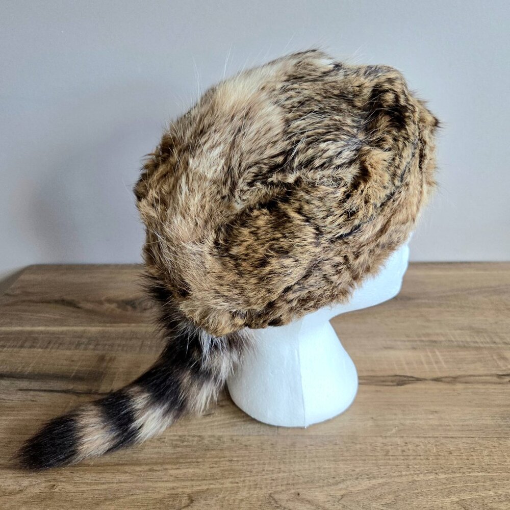 Vintage Davy Crockett Style Fur Hat Rabbitskin Racoon Tail - Picture 4 of 8